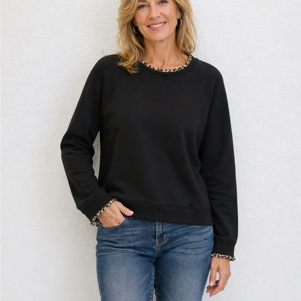 J. Crew Black Crewneck Sweatshirt with Leopard-Edge Trim XL‎